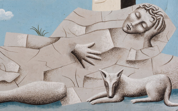 Dessin de Jean Hugo montrant une sculpture en pierre à représentation vaguement humaine allongée avec un chien.